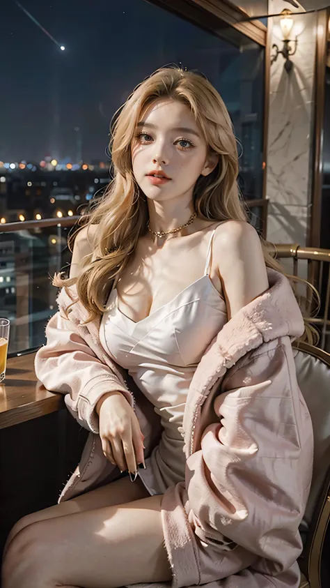 Girl wearing, luxury winter pink  coat, with bishop collar design, bare shoulder, coat belt, golden blet, shoulder length hair, wavy hair, glowing skin, star in eye, red lips, audience background, night, sitting on chair, dinning table, open area, stars, C...