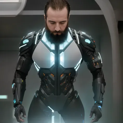 the white man, muscular, 3, with a defined beard, it is set in a futuristic setting in the year 2031, where artificial intellige...