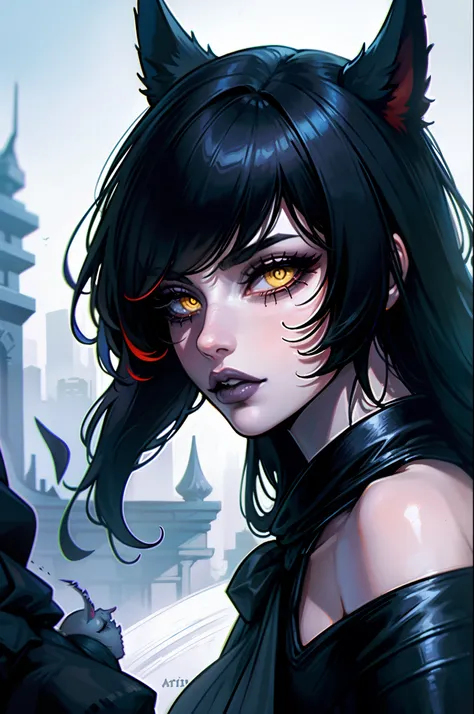 Conventicle ahri, 1 girl, don, detached sleeves, multicolored hair, black hair with large white streaks, bangss, wavy black, Wavy hair, animal ears, yellow  eyes, very pale skin, dark purple makeup, black lipstick, in a dark landscape setting with dark lig...