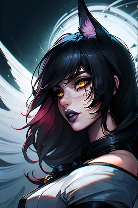 Conventicle ahri, 1 girl, don, detached sleeves, multicolored hair, black hair with large white streaks, bangss, wavy black, Wavy hair, animal ears, yellow  eyes, very pale skin, dark purple makeup, black lipstick, in a dark landscape setting with dark lig...