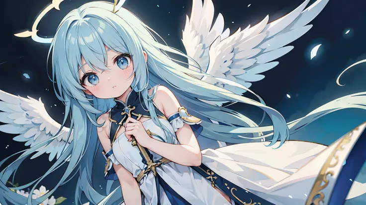 holy sword、long blue hair、、light wings on one side、angel halo、erosu