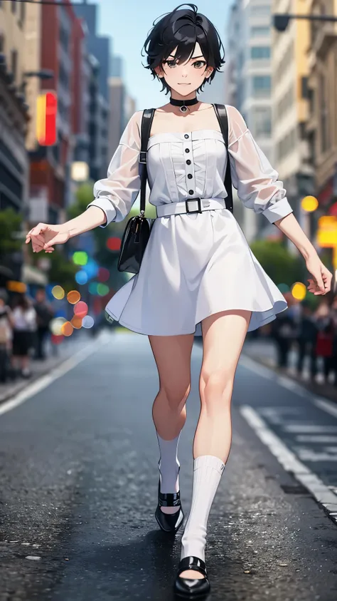 ((Look away)),Inside the street,one 1 boy,fem boy,((crossdresser)),black short hair,slender body,((full body)),running,displeased,Embarrassed,Smirk,((flat chest)),((white Vintage dress)),((socks)),((pumps)),4K, 8k, High resolution, masterpiece:1.2, Very de...