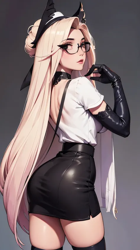 (back view Emphasis), backs, pose for photo,  from behind, pose(masterpiece, best quality:1.4), absurdres, highres, ultra detailed, beautiful, (secretary), (perfect face, detailed face, beautiful:1.3),(natural breasts, cleavage), glasses, collarbone, finge...