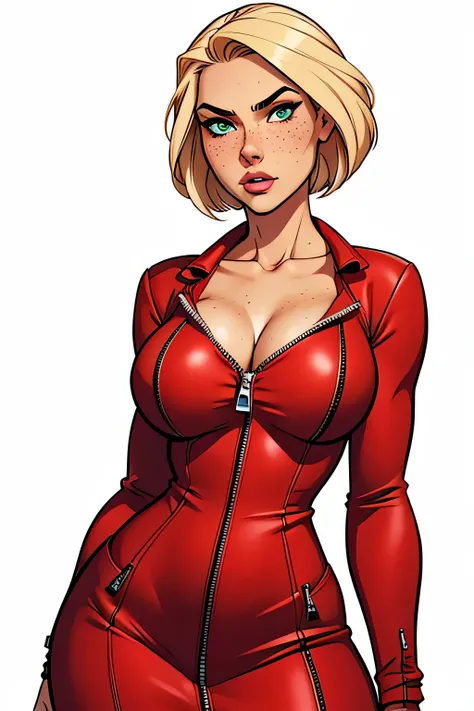 Slim athletic woman, age 25, 8k (High definition), sigh, seducing gaze, greeneyes, wearing red dress ((with zipper and v-neck)), Caucasian skin, Hands on waist, Short straight blonde hair ((at shoulder height)), standing ((upper body)), curvy with freckles...