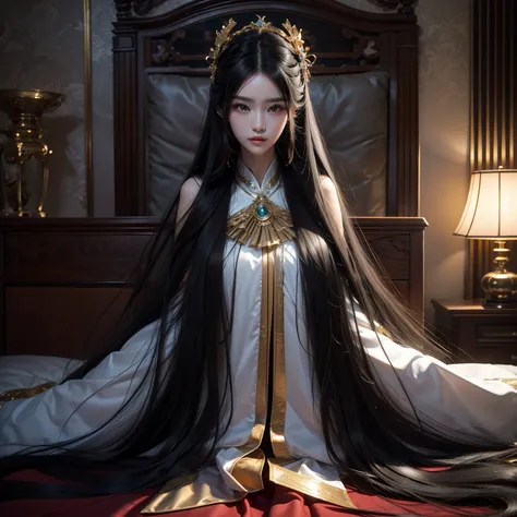 (best image quality、highest quality、highest resolution、Ultra-realistic photography、full body photo、masterpiece、16ｋ、）one girl。Super super long hair。Hair length is over 20 meters。The bed is covered with long, beautiful hair.。Depict everything from the head t...