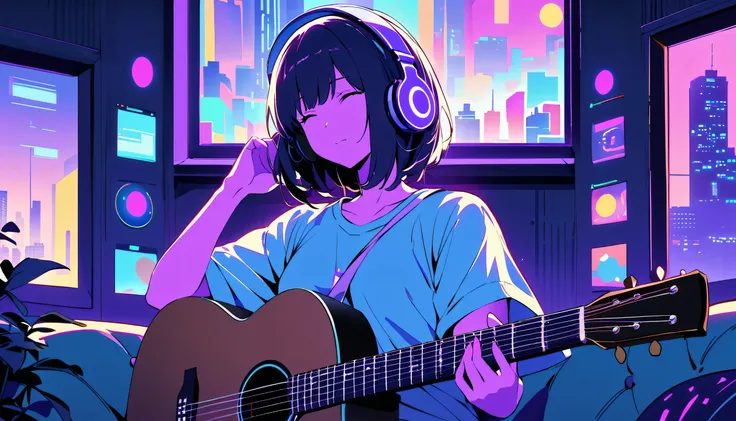 Quality, Detailed illustration of a young woman, ((Wear your headphones correctly))　(((Wearing an oversized T-shirt)))She is sitting on a comfortable sofa, ((Practice slowly with an acoustic guitar、Acoustic guitar、The string is straight)) (((Biologically c...