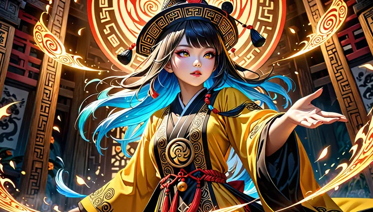 a beautiful detailed girl in a yellow taoist robe with black bagua patterns, taoist hat, talismans, casting spells, masterpiece, realistic, highly detailed, photorealistic, 8k, ultra-detailed, intricate details, dramatic lighting, vibrant colors, fantasy, ...