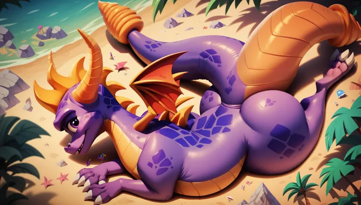 Duo, (Macro Feral female Spyro, ((HUGE tail, THICK tail bottom)), long tail, wide hips, thighs, back, lying down), ((ant view)), looking at viewer, break, (giant kraken rising from sea with huge and thick tentacles), on a beach