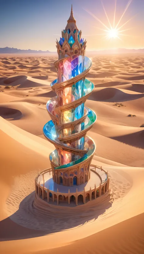 a majestic spiraling tower made of shimmering crystal rises from the center of a desert, reflecting the sunlight in a kaleidosco...