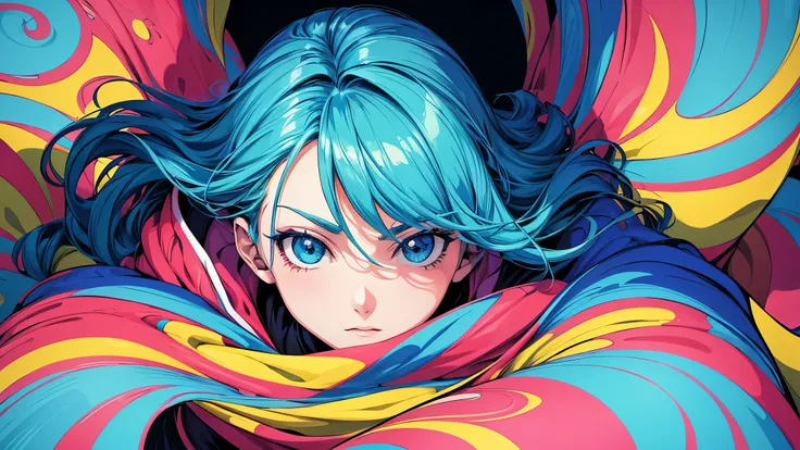 Close-up professional photo of a young woman wrapped in a colorful and warm quilt, Cel Shading, Bold outline, Flat Color, Sharp Shadow, Graphic Style, (Manga influence:1.3), Beautiful line drawing, Impressive visuals,comics