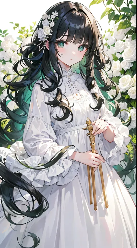 Black Hair、Long Hair、Green Eyes、Curly Hair、Curly Hair、Lady、White flower、White Dress、sunlight、Fluffy bangs、((Curly bangs))、masterpiece、Complex composition、Overlooking、adult