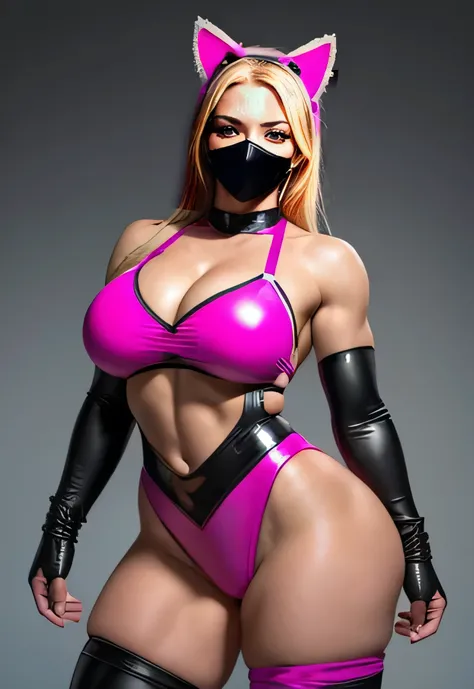 Blonde Female lucha libre luchador, serious, sexy toned strong buff bodybuilder female dressed in a tight pink leotard monokini she wears a pink lucha libre mask with kitty ears, she wears an outfit with multiple buckles and straps, she is busty and has ni...