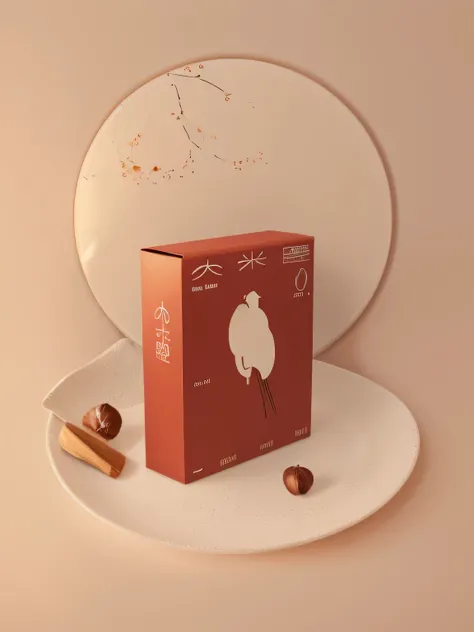 Product poster showing the packaging box，Served on an elegant white ceramic plate，Decorated with dry branches and a few red and，Surrounded by roasted chestnuts，Placed in front of a brown background，Product photography， Studio Lighting， Minimalist compositi...