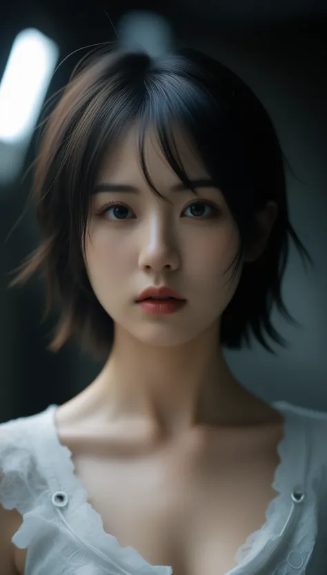 8k, Ultra-high resolution, Highest quality, masterpiece, 三分割法によるphotograph,Surreal, photograph, 1 , (:1.3), cute, cute顔, 細部までBeautiful Eyes, 細かくdetailedに,masterpiece,One Girl:1.2,Japanese women,flight attendant,upper body,glaring,Black short hair,Messy hai...