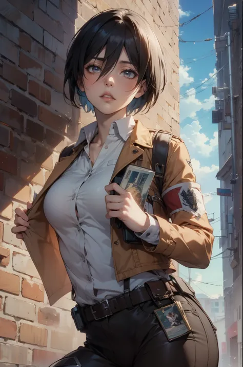 score_9, score_8_up, score_7_up,1 girl,minomi, anime style,solo,mikasa ackerman, shingeki no kyojin city background,shingeki no kyojin wall background, shingeki no kyojin unmilitary uniform, holding 2 shingeki no kyojin swods,shingeki no kyojin titans back...