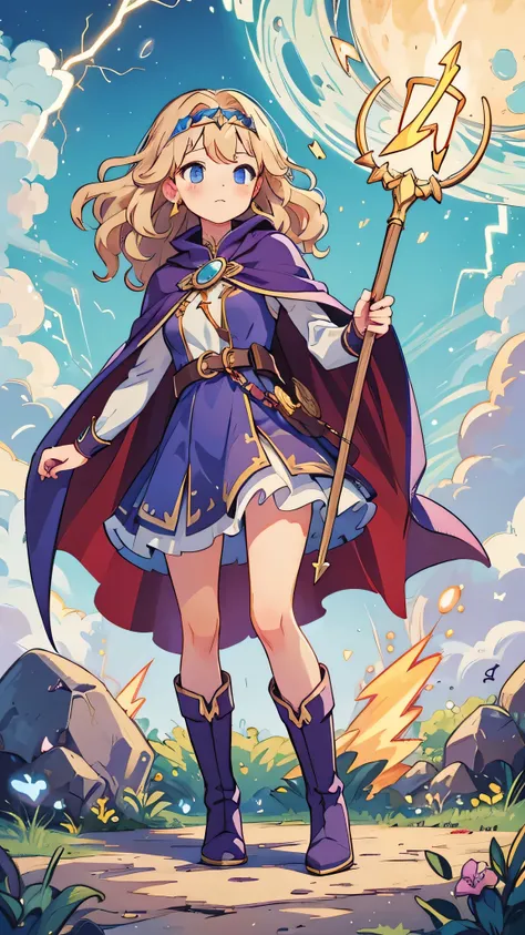 a woman, casting a lightning spell, modest breasts, simple wooden staff, purple cape, golden and blue magical girl dress, silver circlet, boots, wavy blonde hair, blue eyes