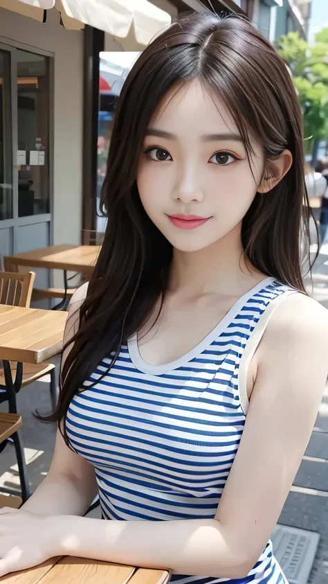 Masterpiece、Best Quality、Illustration、Super detailed、Fine details、High resolution、8K Denden Wallpaper、Perfect dynamic composition、Beautiful detailed eyes、Medium Hair、Small breasts、Natural color lip、Blue and white striped tank top shirt、Bold sexy pose、A shy...