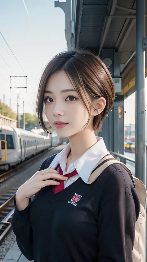 Masterpiece、Highest quality、An illustration、Super detailed、High resolution with great detail、8k wallpaper、Perfect dynamic composition、１６age、Female student、cute、Super Short Hair、Small breasts、Beautiful detailed eyes、School uniforms、Natural color lip、Random ...