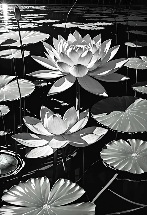 monochrome, pencil drawing, lotus flower floating on the water in the glaring sunlight, shading, shadows, contrast, conceptual installation art, (ultra detailed, absolutely resolution, best quality:1.3), 2.5D, delicate and dynamic effects, iridescent effec...