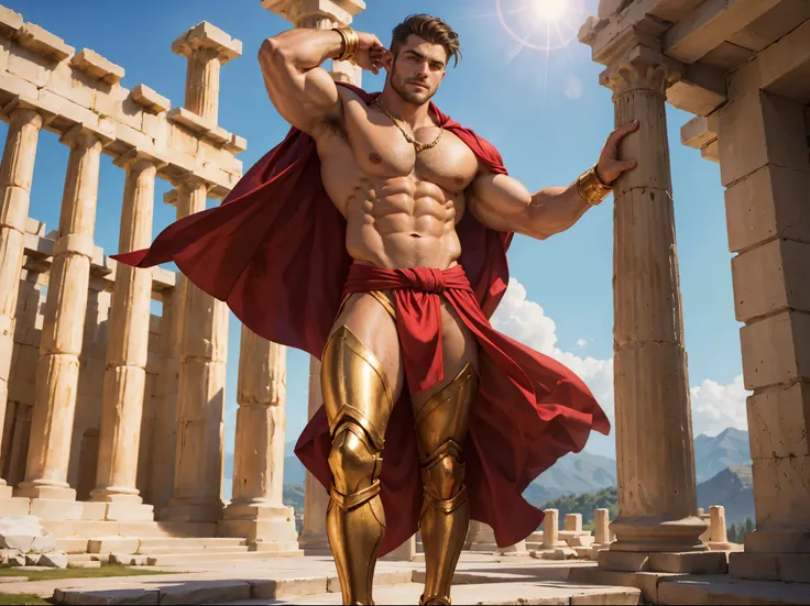 -Character: elegant man, divine looking man, attractive face, barba, Golden hair, short hair, stylish haircut, Titan Prometheus, Sexy Prometeo, titanic man, muscular, thick muscle, bulging arms, bulging legs, body hair, bare chest, pectoral display, chest ...