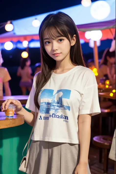 A girl (Twenty years old, Japanese cute face) are wearing Tshirts, mini skirt at the moon night beach bar