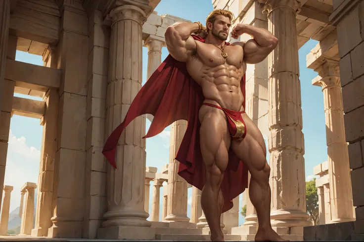 -Character: elegant man, divine looking man, attractive face, barba, Golden hair, short hair, stylish haircut, Titan Prometheus, Sexy Prometeo, titanic man, muscular, thick muscle, bulging arms, bulging legs, body hair, bare chest, pectoral display, chest ...