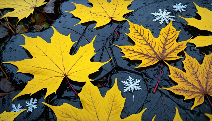 (Lemon Yellow gradation leaves),(winter leaves), (half withered),(niagara falls),magical round leaves leaves falling, snow is falling thinly,nature documentry footage, youtube video screenshot, todays featured photography 4k, autumn rain turkel, nature pho...