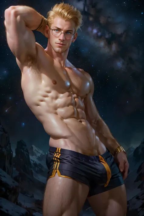 a pale and handsome and sexy man, blonde, wearing glasses, lean, big hairy chest, good quality, seductive pose, in a milky way background, with cosmic style, wearing a small tattered shorts, slight bulge