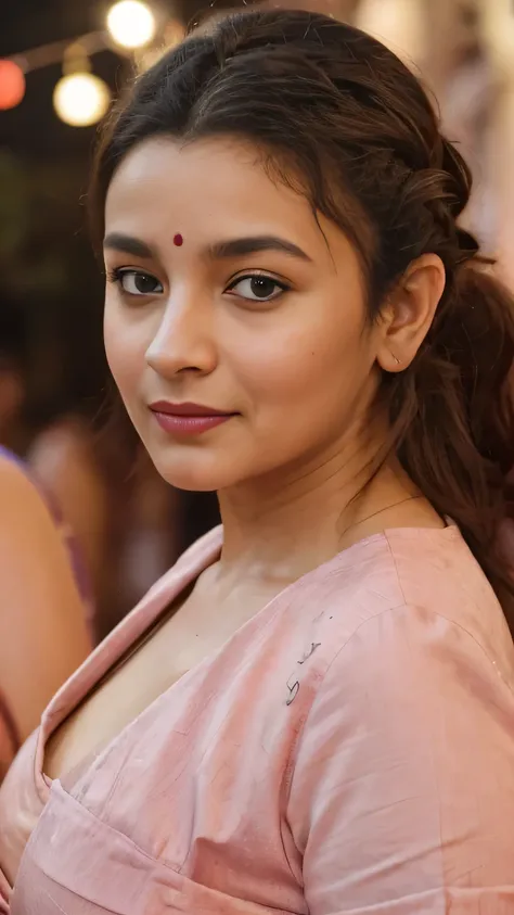 extreme close up photo of sexy indian, front view, curvy, full naked,big , in crowded temple, at night,lord ganesh in behind,peo...