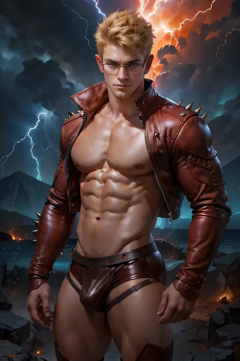 an epic portrait of a spikey hair blonde charlie puth, lean, slight belly, no abs, wearing black glasses, seductive poses, looking intensely at the viewer, wearing a tattered string red leather jockstrap, slight bulge, in an abstract lightning hurricane ba...