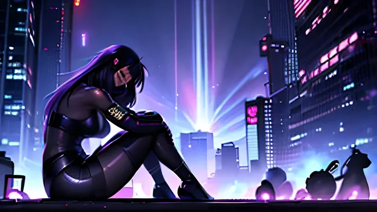 cyberpunk style、girl、sit in a sexy pose、Black Cybersuit、Face masks、Professional photo composition、Full body shot from the side、Galaxy stars in the background、Tesla coil explodes、Stranded pirate ship、A world of chaos、Dark Room、wallpaper、high quality、high re...