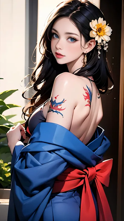 masterpiece, Highest quality, Highest quality, Official Art, beautifully、aesthetic:1.2),One girl, tattoo, alone, kimono, Red and black kimono, hair ornaments, unsheathing, Black Hair, sheath, back tattoo, dragon tattoo, blue eyes, Off the shoulder, Exposin...