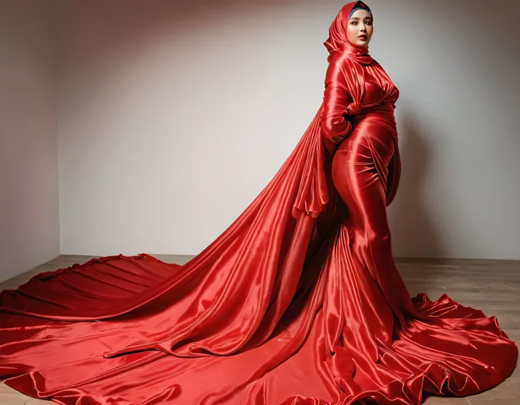 a woman shrouded in a 10-meter-long, plush red semi transparent satin shimmer cloth, slim body with big breast, tightly bound an...