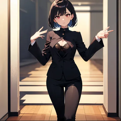 (best quality,masterpiece,8k,highly detailed:1.3), 1 girl, (bored expression, staring hopefully up at viewer), short straight hair, black hair, black jacket, black pants, red pupils, wide hips, small stature, (fully clothed:1.4),(standing,looking up at vie...