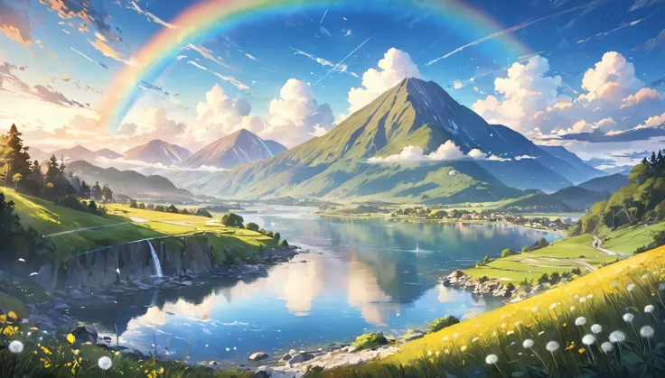 ((Astonishingly)),(masterpiece:1.2),超High resolution, Attention to detail, high quality, High resolution, 最high quality, 4K, 8k、very beautiful、landscape、landscape画、A rainbow appears、Dandelion flying,rainbow, mountain,river