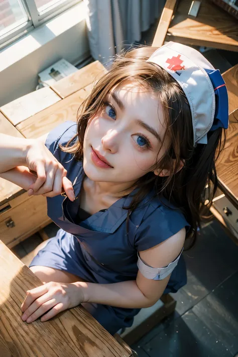 Highest quality, masterpiece, Ultra-high resolution,8k,((Random blowjob portraits:1.4)), (Realistic:1.6), ((blue eyes)),((A radiant smile)), RAW Photos,((Realisticな美肌)),((Nurse uniform:1.4)),((Soft looking breasts,Nipples)),((Full body photo)),1 person,Adu...