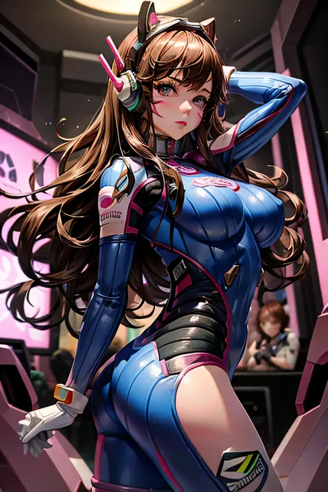 1girll, (D.va (Overwatch):0.8), Solo, Long hair, whisker markings, tightsuit, Brown hair, face markings, mitts, big breasts, big butt, big rear, Brown eyes, pilotsuit, Cowboy shot, Earphone, White gloves, Medium breasts, sweeping bangs, skin tight, bangs, ...