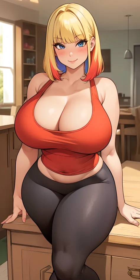 Big breasts, busty beautiful ((1cute and beautiful girl)), ((multicolored blonde hair with bangs))extremely sexy body, ((beautiful Red tank top, leggings)), shy smile, blush, (looking at viewer), in beautiful romantic house