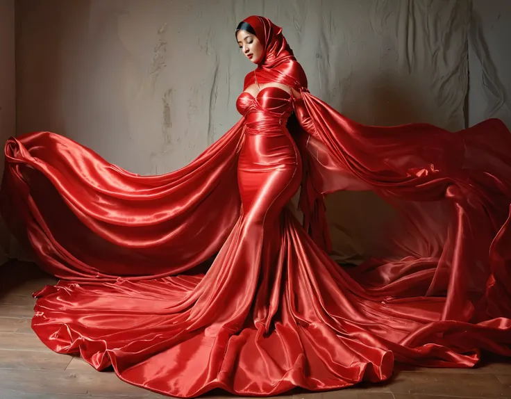 A woman shrouded in a 10-meter-long, plush red semi transparent satin shimmer cloth, slim body with big breast, tightly bound and grandly draping along the form of her body, flowing off into a pooled floor-length train, styled in a mermaid-inspired outfit,...