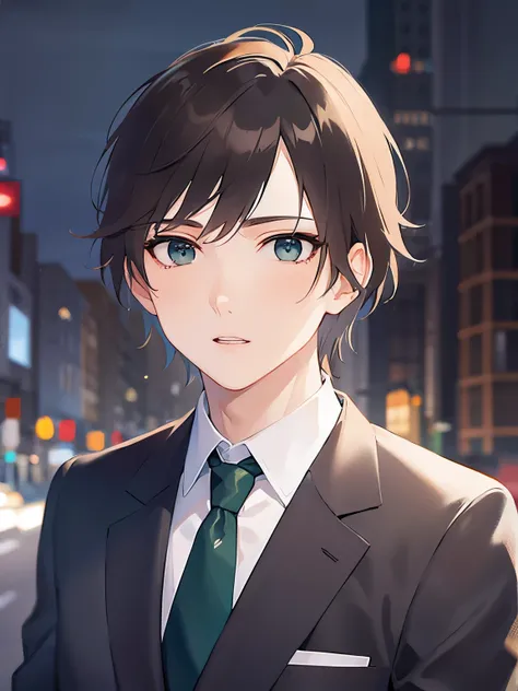 (2 male:1.5) and (Brown short hair) and (Green Eyes：1.5),(looking at viewer:1.5),upper body、 shiny skin, (looking away:1.5)、masterpiece、Highest quality、 (Wearing a suit:1.3) and (Blue tie：1.2)、 （blush：1.5）,open mouth、park、Night Sky、(Alone:1.5)