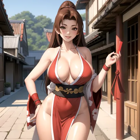 Mai Shiranui, Brown eyes, big breasts, smile, shiny brown hair , big breasts, Traje Mai Shiranui, red and low cut, Background of an ancient Japanese city. 