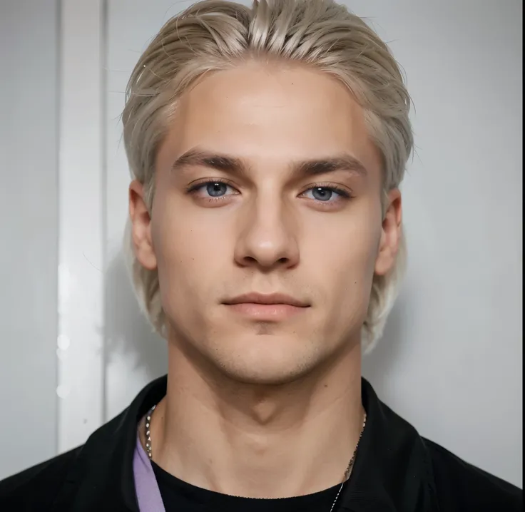 Man with platinum blonde hair and purple eyes