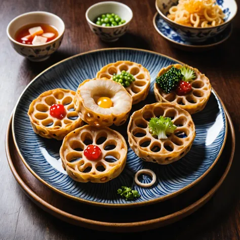 Deep-fried lotus root clasps: a dish in which sliced lotus root is deep-fried with meat or vegetables sandwiched between the slices; when sliced into rounds, the lotus root has one hole in the middle and eight around the circumference, Served on artistic J...