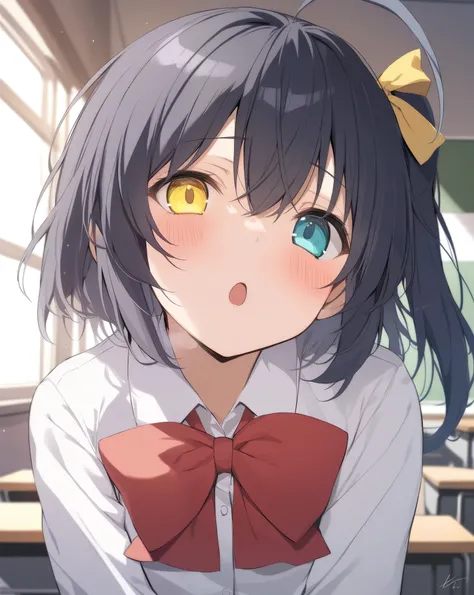 masterpiece,best quality,akanashi_rikka, dress_shirt, one_side_up, red_bowtie, bowtie, blush, :o, solo, red_bow, white_shirt, portrait, heterochromia, chuunibyou_demo_koi_ga_shitai!, 1girl, bow, yellow_ribbon, ribbon, signature, school_uniform, looking_at_...