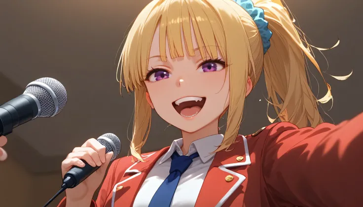 score_9, score_8_up, score_7_up, score_6_up, 1girl, KeiKaruizawa, Kei Karuizawa, bangs, blunt bangs, ponytail hair, violet eyes, blonde hair, blue scrunchie, sing, singing, open mouth, mic, half bodies, smile, positive vibes, ((looking at viewers, cowboy s...