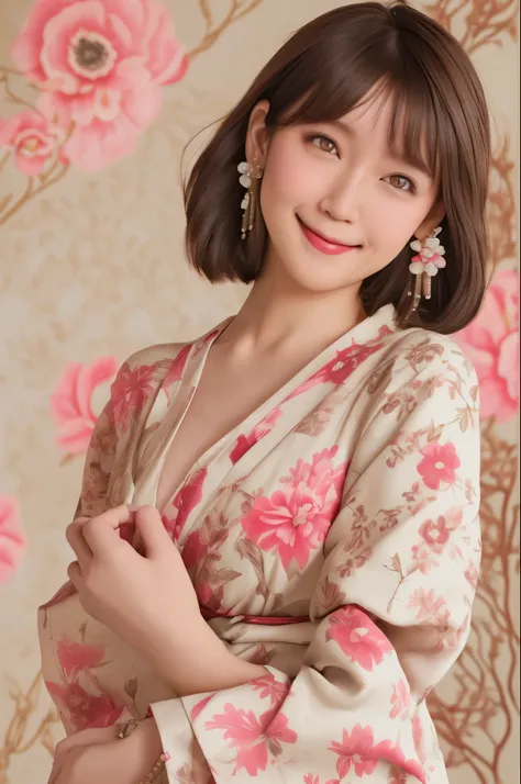 Shortcuts, Gaze, smile, Brown Hair, accessories, Background blur, far and near method, accurate, Hair blowing in the wind, Bob Hair, Earrings, smile, Blushing, Test model, Surrealism, Floral print dress,Japanese-style room