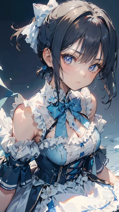 Black-haired girl，The girl with a pursed mouth and an angry look，Brown pupils，Black long hair，Double ponytail short hair，Lolita Skirt，Blue and white lolita dress，Lolita style，Close-up above the waist，Close-up above the waist，Blue and white skirt，Blue and w...