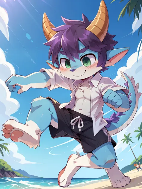 score_9,score_8_up,score_7_up, source_cartoon, source_furry, dragon boy, horns, green eyes, tail, purple hair, shota, furry, blush, dragon tail, looking at viewer, smile, dragon horns, pointy ears, short hair, furry male, two tone body fur, blue body fur, ...