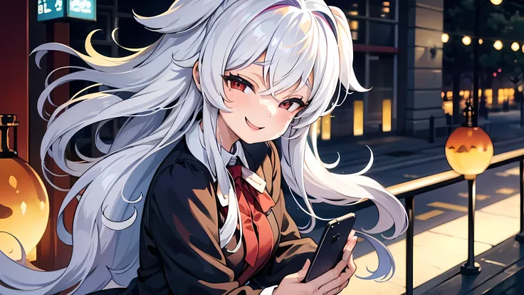 Real. Long silky silver hair in soft curls. Dressed in a simple white collared shirt; mature and beautiful woman in her 20s. She is holding a smartphone in one hand. She is walking calmly on a bright and lively street. A bright, innocent smile. Her best sm...