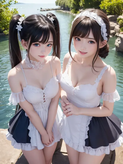 ((masterpiece)), ((highest quality、Ultra high definition)), (Very detailed),8K、Photo quality、((Amazingly cute girl))ld girl)), Two people, , (Beautiful emerald blue eyes), ((smile)),In the open-air bath overlooking the sea, Beautifully arranged black hair ...